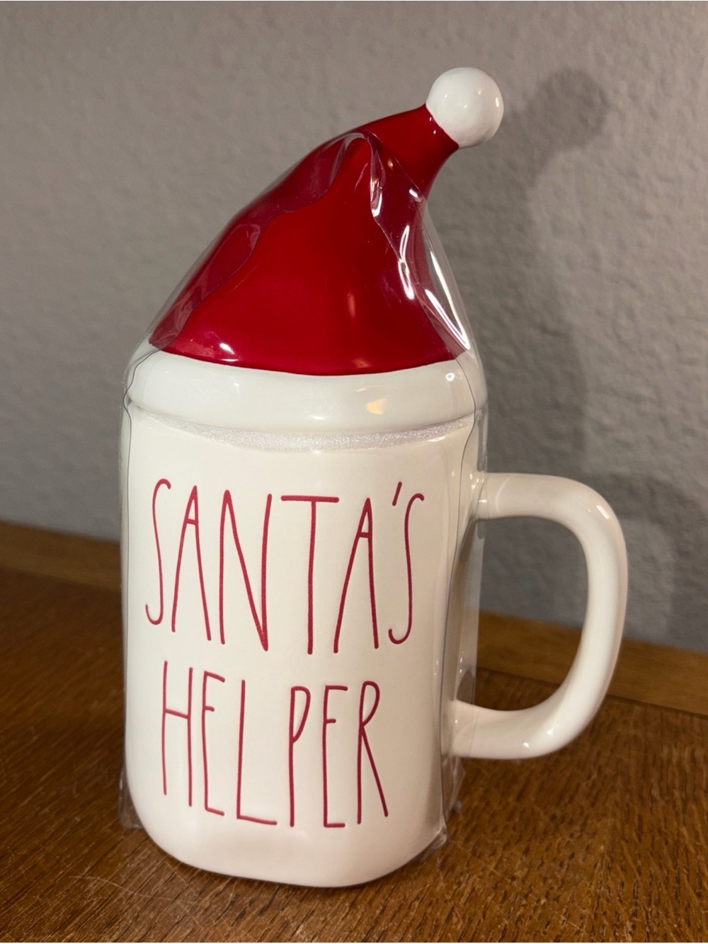 Rae Dunn White Ceramic 'Santa's Helper' Mug with Red Hat Lid